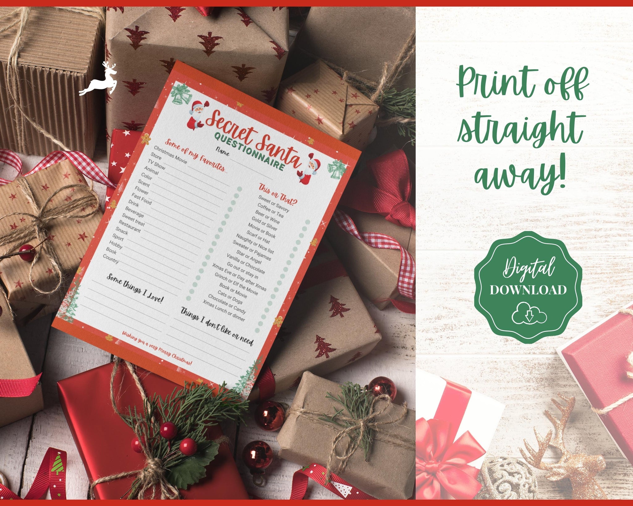 Secret Santa Questionnaire Printable | Xmas Holiday Gift Exchange List