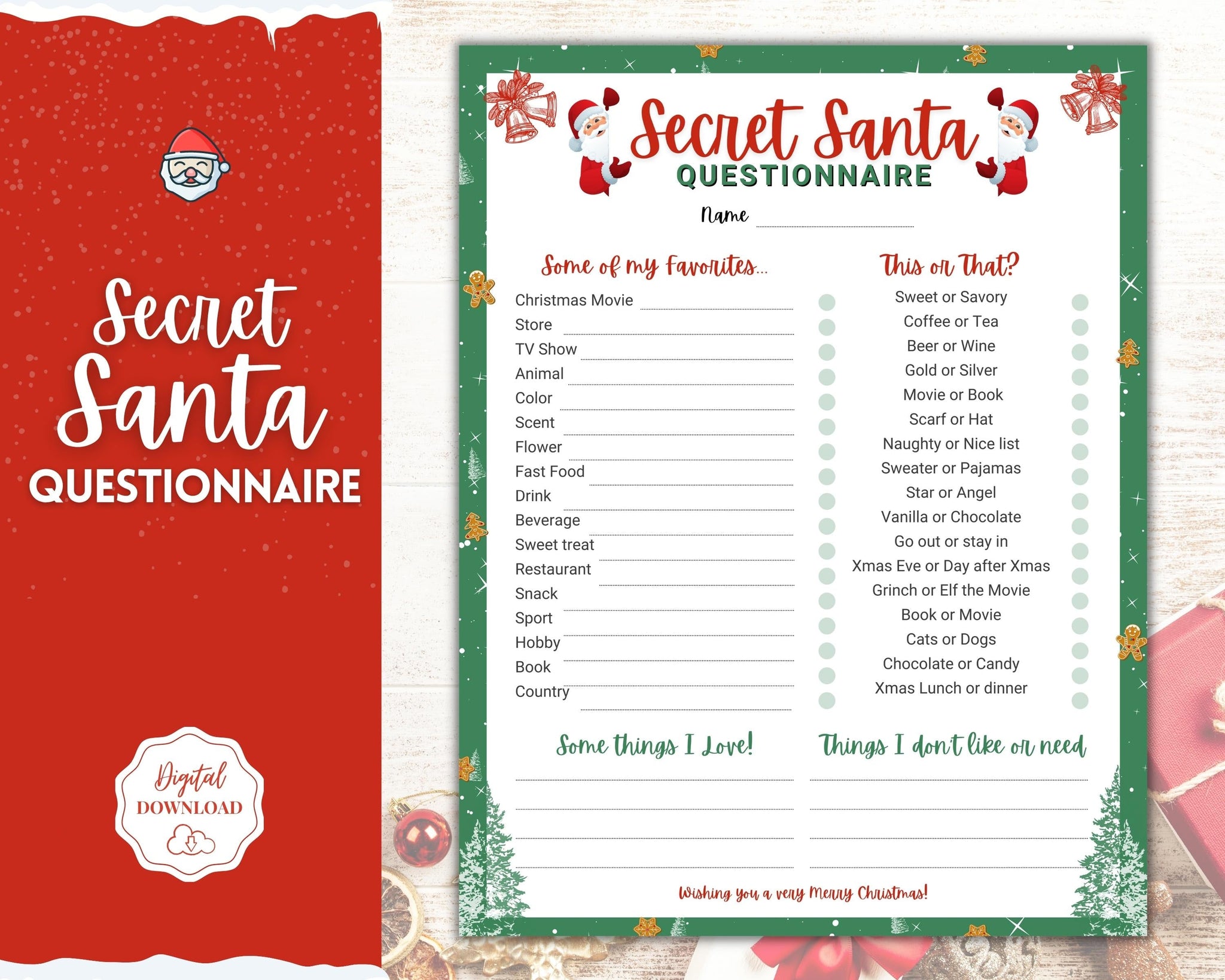 Secret Santa Questionnaire Printable Xmas Holiday Gift Exchange List