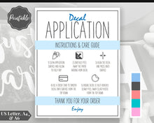 Load image into Gallery viewer, Printable Vinyl Decal Care Card Instructions. Decal Application Order Card, DIY Sticker Seller Packaging Label, Vinyl Decal Care Cards | Blue
