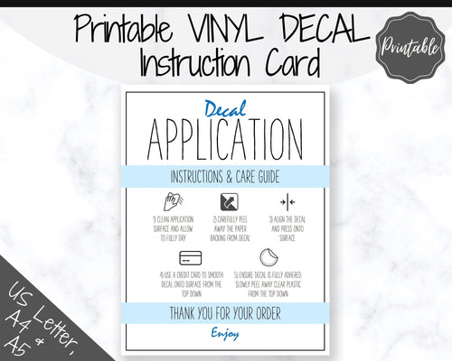 Printable Vinyl Decal Care Card Instructions. Decal Application Order Card, DIY Sticker Seller Packaging Label, Vinyl Decal Care Cards | Blue