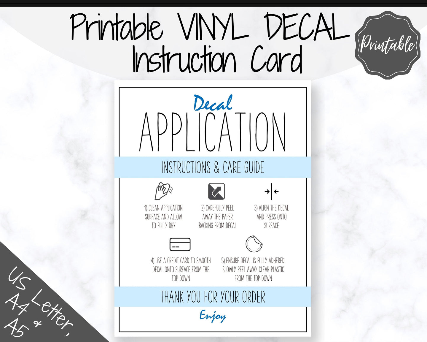 Printable Vinyl Decal Care Card Instructions. Decal Application Order Card, DIY Sticker Seller Packaging Label, Vinyl Decal Care Cards | Blue