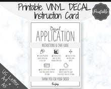 Load image into Gallery viewer, Printable Vinyl Decal Care Card Instructions. Decal Application Order Card, DIY Sticker Seller Packaging Label, Vinyl Decal Care Cards | Grey
