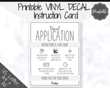 Load image into Gallery viewer, Printable Vinyl Decal Care Card Instructions. Decal Application Order Card, DIY Sticker Seller Packaging Label, Vinyl Decal Care Cards | Grey

