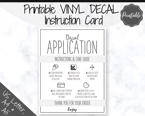 Printable Vinyl Decal Care Card Instructions. Decal Application Order Card, DIY Sticker Seller Packaging Label, Vinyl Decal Care Cards | Grey