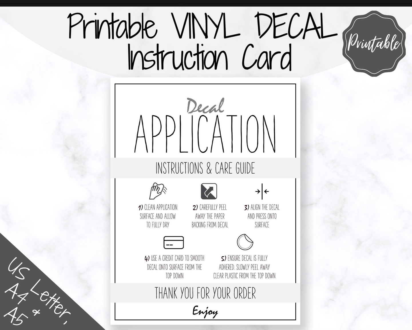 Printable Vinyl Decal Care Card Instructions. Decal Application Order Card, DIY Sticker Seller Packaging Label, Vinyl Decal Care Cards | Grey