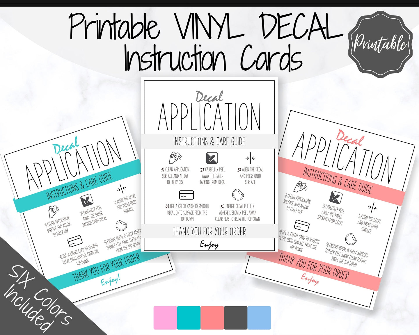Printable Vinyl Decal Care Card Instructions. Decal Application Order Card, DIY Sticker Seller Packaging Label, Vinyl Decal Care Cards | Multicolor Bundle