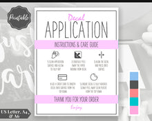 Load image into Gallery viewer, Printable Vinyl Decal Care Card Instructions. Decal Application Order Card, DIY Sticker Seller Packaging Label, Vinyl Decal Care Cards | Purple
