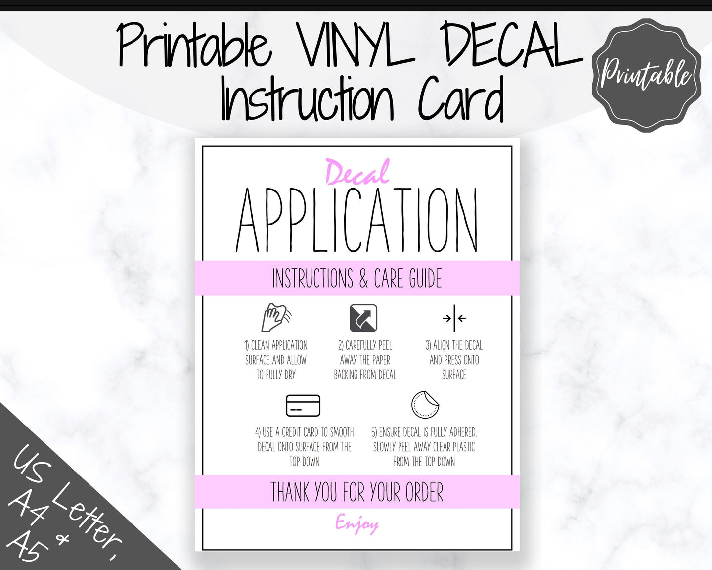 Printable Vinyl Decal Care Card Instructions. Decal Application Order Card, DIY Sticker Seller Packaging Label, Vinyl Decal Care Cards | Purple