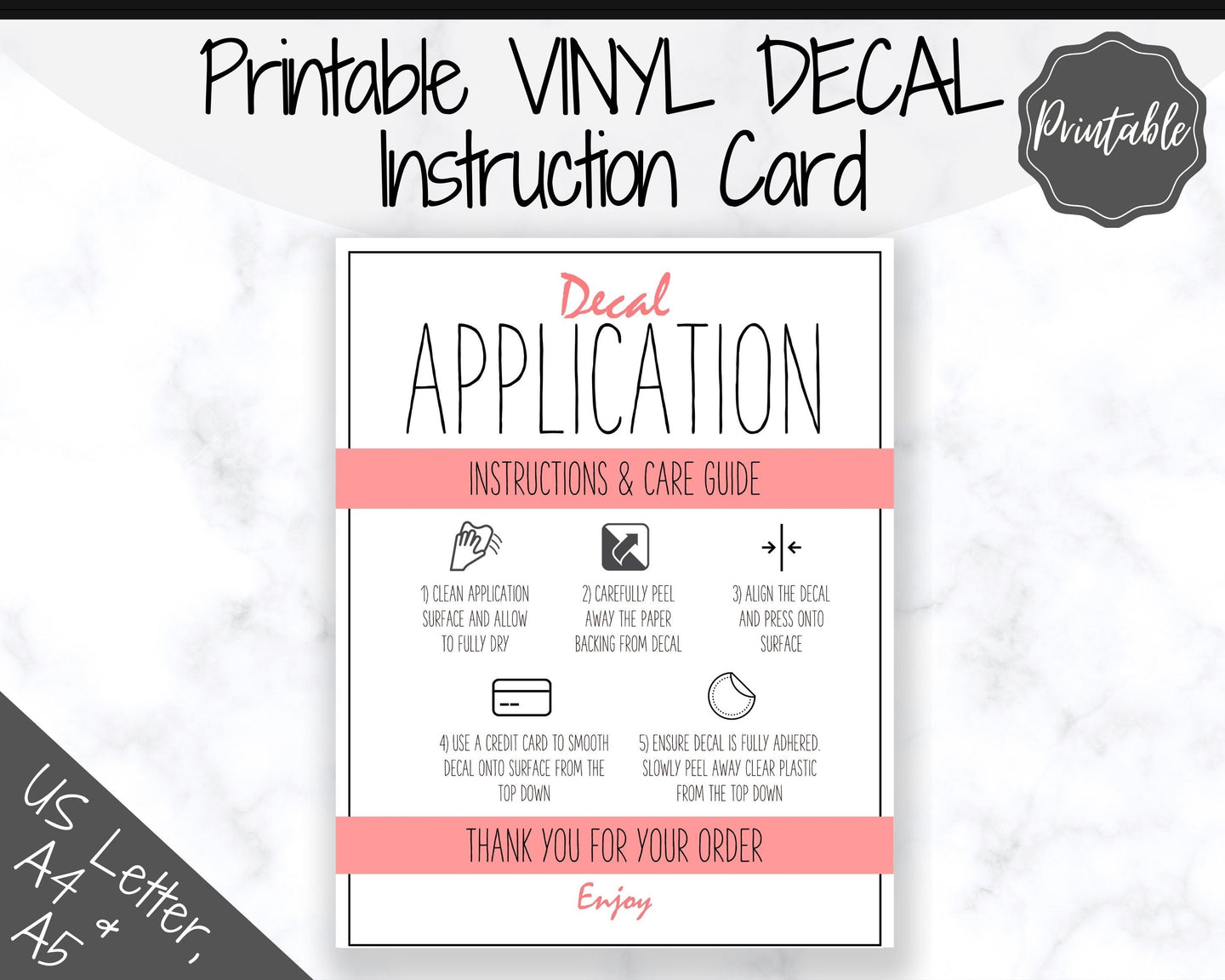 Printable Vinyl Decal Care Card Instructions. Decal Application Order Card, DIY Sticker Seller Packaging Label, Vinyl Decal Care Cards | Red