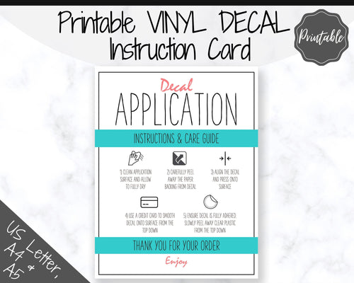 Printable Vinyl Decal Care Card Instructions. Decal Application Order Card, DIY Sticker Seller Packaging Label, Vinyl Decal Care Cards | Teal & Red