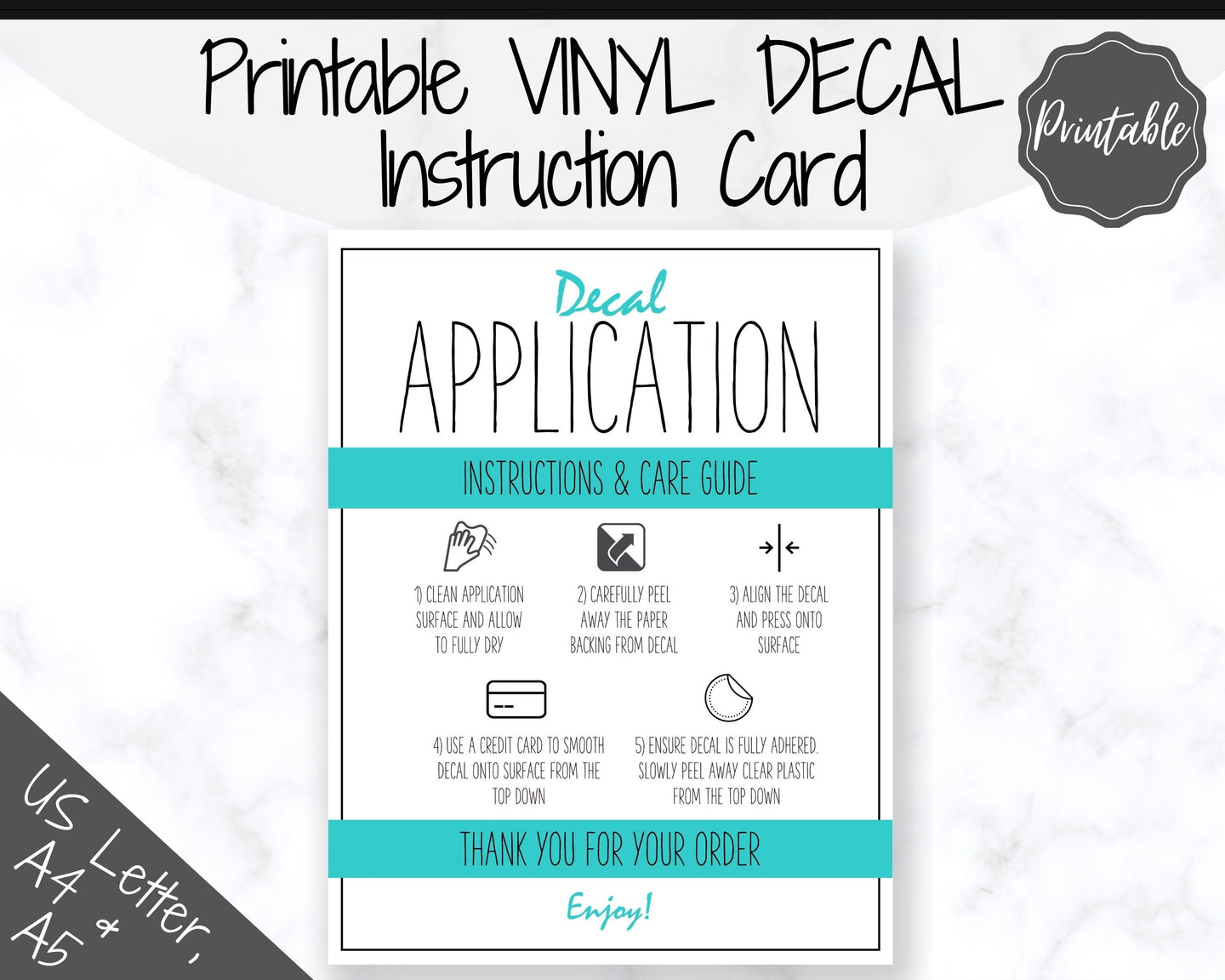 Printable Vinyl Decal Care Card Instructions. Decal Application Order Card, DIY Sticker Seller Packaging Label, Vinyl Decal Care Cards | Teal