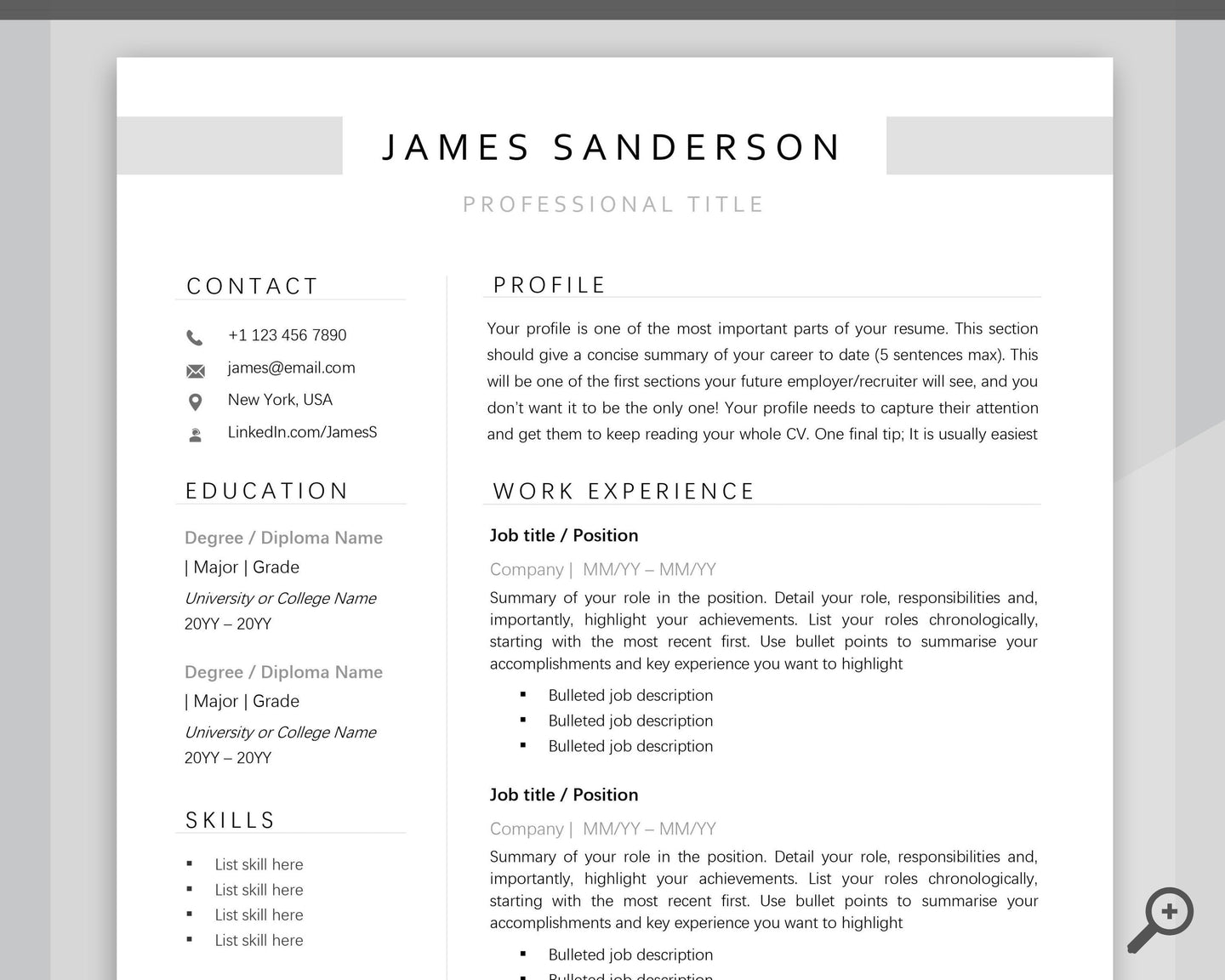 Professional Resume Template Word. CV Template Professional, Modern Executive Resume Template, Clean, Minimalist Resume, Free Docs Bundle | Style 7