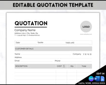Load image into Gallery viewer, Quotation Template, EDITABLE Quote Form, Small Business, Invoice Order, Job Estimate Form, Word, Canva, Google Docs, Proposal
