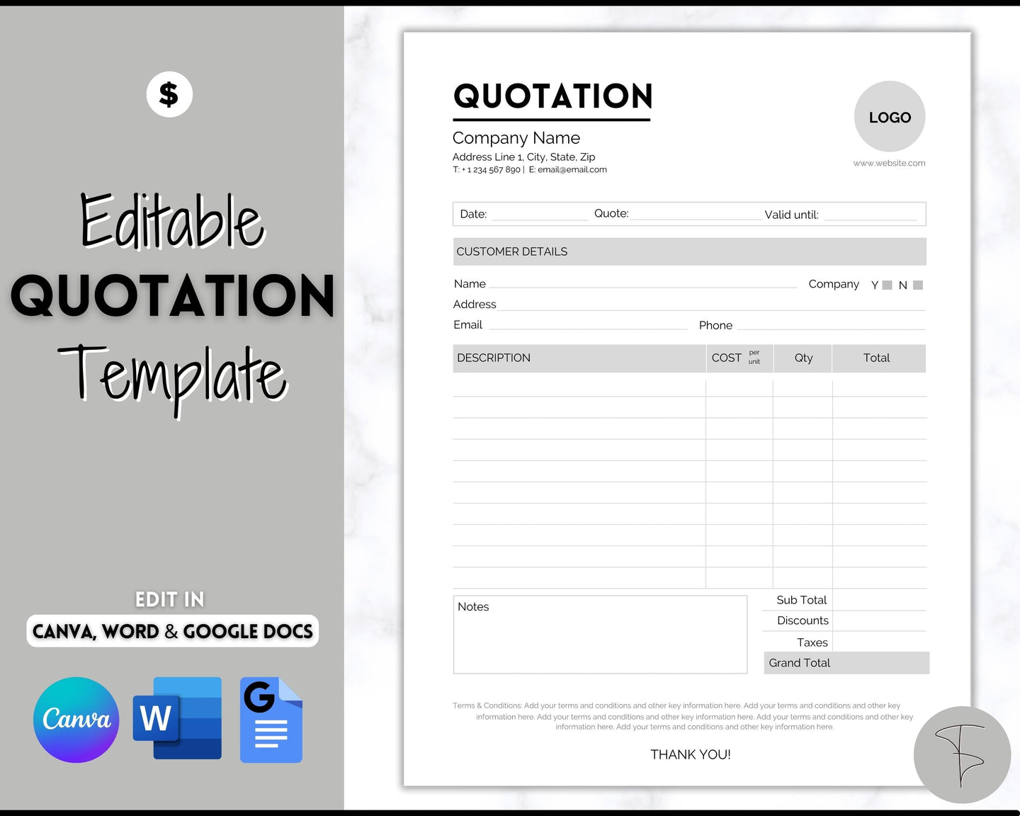 Quotation Template, EDITABLE Quote Form, Small Business, Invoice Order, Job Estimate Form, Word, Canva, Google Docs, Proposal