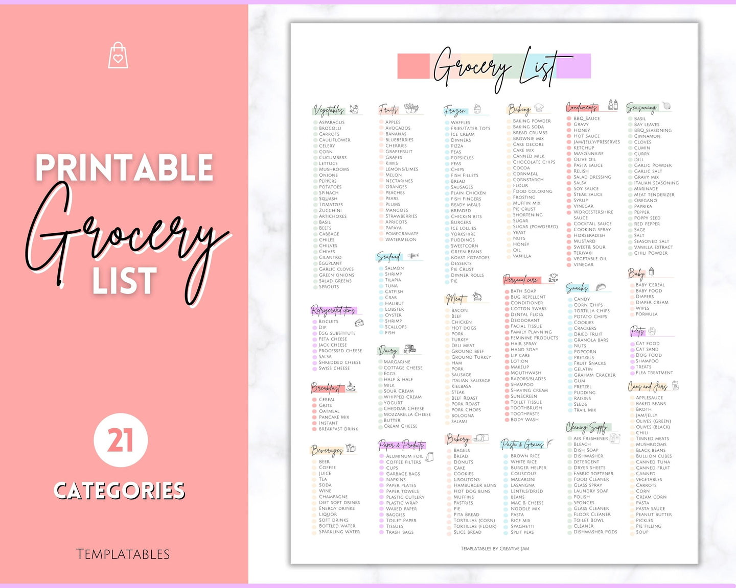 Rainbow Grocery List, Master Grocery List Printable, Weekly Shopping List, Meal Planner Checklist, Grocery PDF, Kitchen Organization Template | Pastel Rainbow
