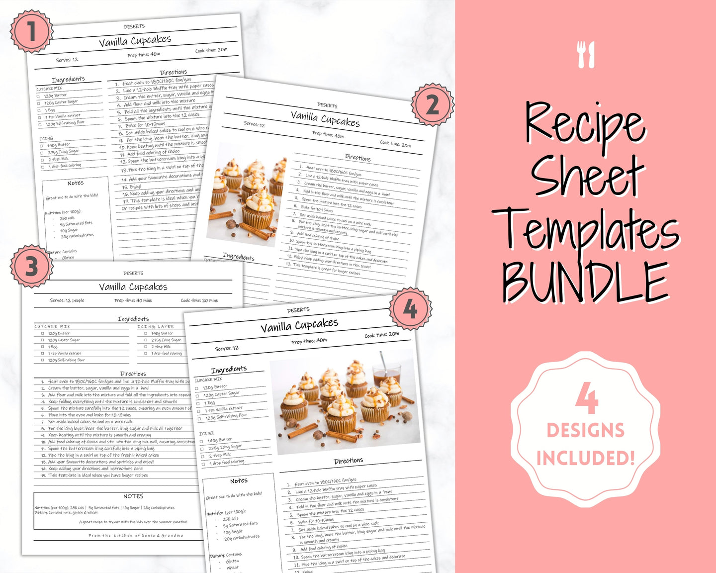 Recipe Page template BUNDLE, Editable Recipe Book Template, Recipe Cards, Minimal Recipe Binder, Printable Farmhouse, Food Planner Cookbook - Ink Free