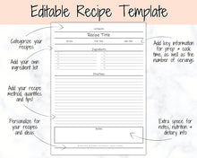 Load image into Gallery viewer, Recipe Sheet template, EDITABLE Recipe Book Template, Recipe Cards, Minimal Recipe Binder, 8.5x11 Printable Farmhouse, Food Planner Journal - No Photo Split Ink Free
