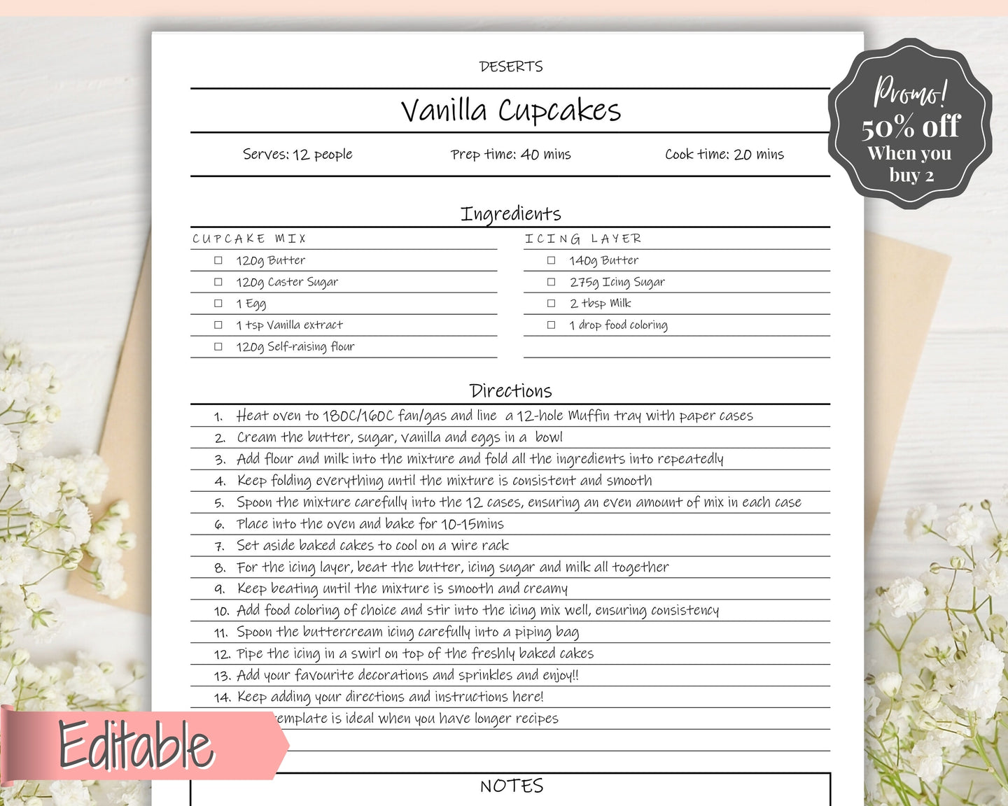 Recipe Sheet template, EDITABLE Recipe Book Template, Recipe Cards, Minimal Recipe Binder, 8.5x11 Printable Farmhouse, Food Planner Journal - No Photo Split Ink Free