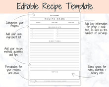 Load image into Gallery viewer, Recipe Sheet template, EDITABLE Recipe Book Template, Recipe Cards, Minimal Recipe Binder, 8.5x11 Printable Farmhouse, Food Planner Journal - No Photo Split Yu Font
