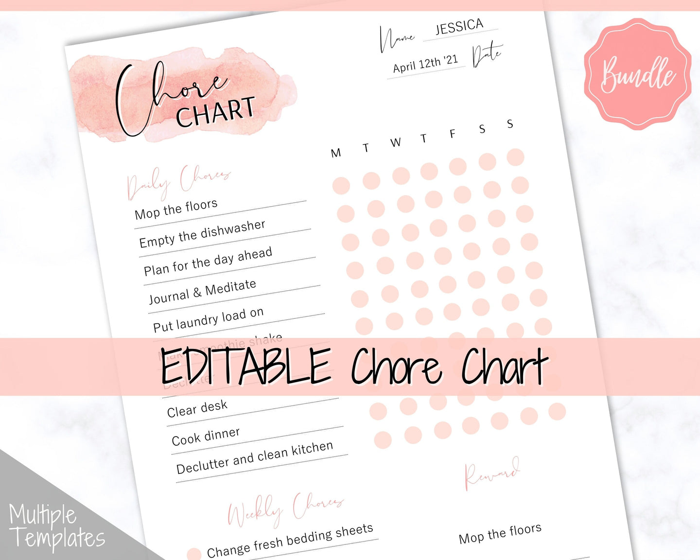 Reward Chart for Kids, Girls Chore Chart Template, Editable Chore Chart Printable, Daily & Weekly Chores, Responsibility, Behavior, Routine - Pink