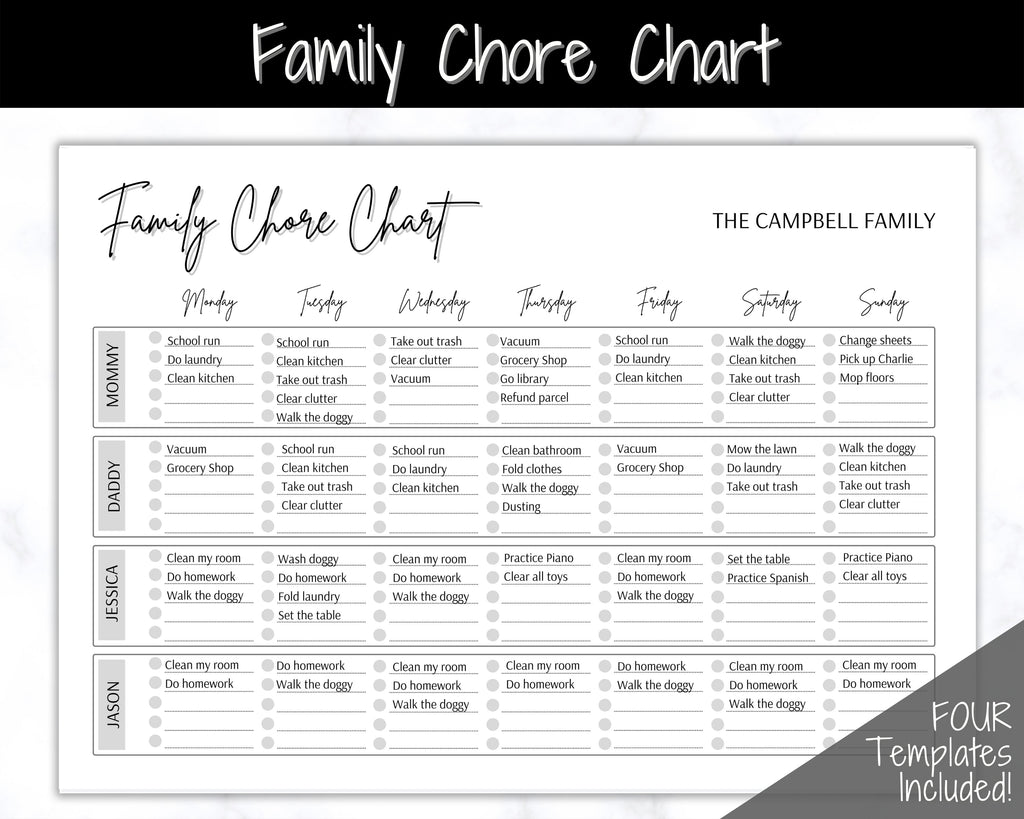 Editable Family Chore Chart Planner Printable Templates Mono