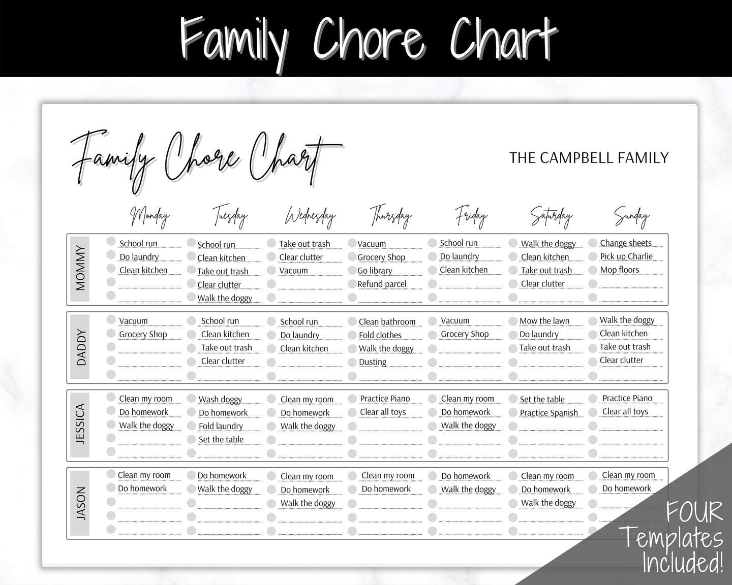 SIMPLE Family Chore Chart, Editable Family Planner Printable, Weekly Family Schedule, Family Calendar, Command Center, Household Kid Adult - Mono
