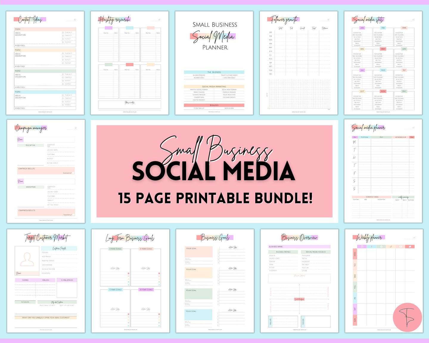 SOCIAL MEDIA Planner for Small Business, Content Planner Printable, Instagram, YouTube, TikTok, Facebook, Side Hustle, Marketing Calendar | Rainbow