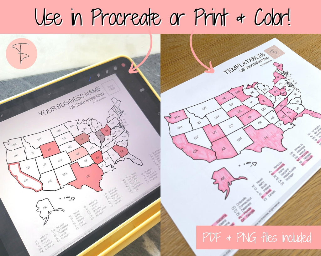 US Sales Map, EDITABLE USA Business Order Tracker, Color In