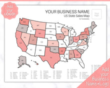 Load image into Gallery viewer, Sales Tracker, US Sales Map, Etsy Business Sales Map, Order Tracker, Shop Seller, USA States, Procreate PNG, Postcode, Color In, Printable
