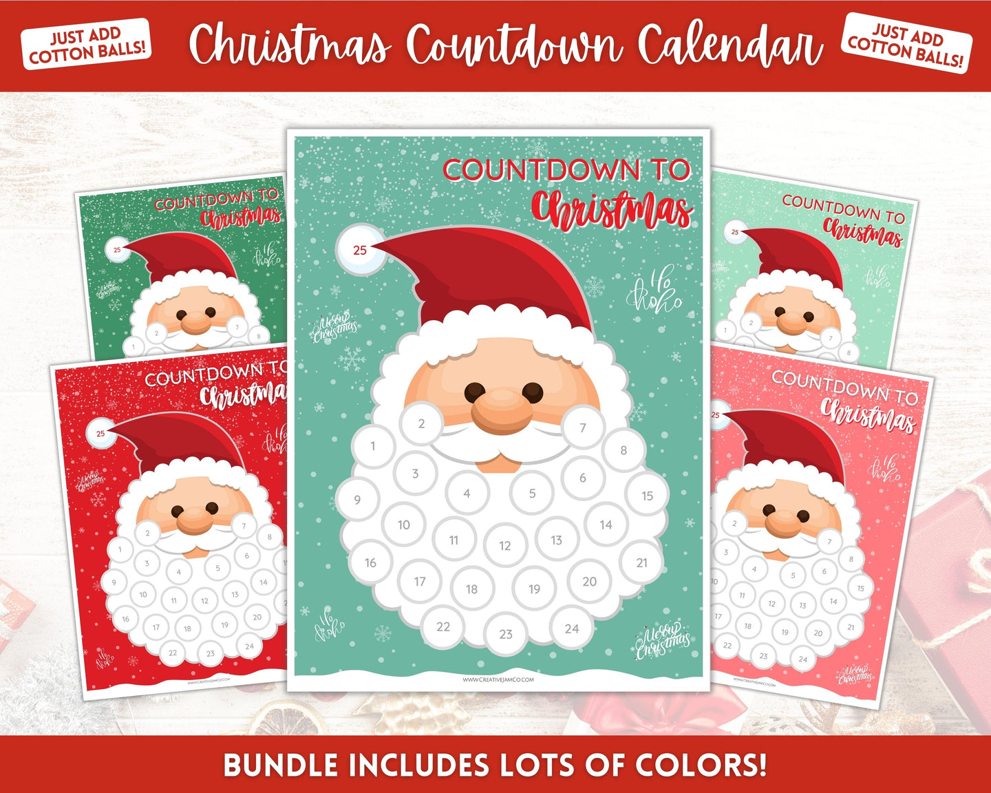 Santa Christmas Countdown! Countdown to Christmas Printable, Cotton Ball Beard, Kids Santa Claus Advent Calendar, Xmas Sign, Activity Poster
