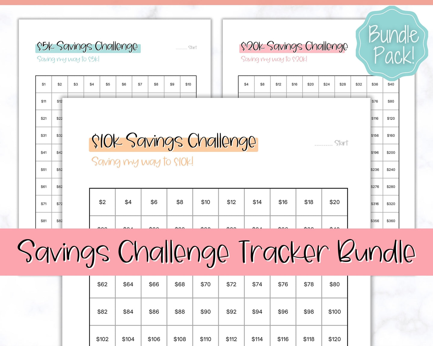 Savings Challenge BUNDLE, 5k, 10k & 20k Saving Tracker Printables, 5000, 10000, 20000, 100 Day, Cash Envelopes, Save Money, Budget, Finance | Colorful Sky