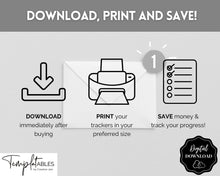 Load image into Gallery viewer, Savings Challenge BUNDLE, 5k, 10k &amp; 20k Saving Tracker Printables, 5000, 10000, 20000, 100 Day, Cash Envelopes, Save Money, Budget, Finance | Monochrome
