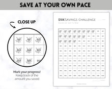 Load image into Gallery viewer, Savings Challenge BUNDLE, 5k, 10k &amp; 20k Saving Tracker Printables, 5000, 10000, 20000, 100 Day, Cash Envelopes, Save Money, Budget, Finance | Monochrome
