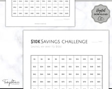 Load image into Gallery viewer, Savings Challenge BUNDLE, 5k, 10k &amp; 20k Saving Tracker Printables, 5000, 10000, 20000, 100 Day, Cash Envelopes, Save Money, Budget, Finance | Monochrome
