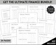 Load image into Gallery viewer, Savings Challenge BUNDLE, 5k, 10k &amp; 20k Saving Tracker Printables, 5000, 10000, 20000, 100 Day, Cash Envelopes, Save Money, Budget, Finance | Monochrome
