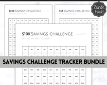 Load image into Gallery viewer, Savings Challenge BUNDLE, 5k, 10k &amp; 20k Saving Tracker Printables, 5000, 10000, 20000, 100 Day, Cash Envelopes, Save Money, Budget, Finance | Monochrome
