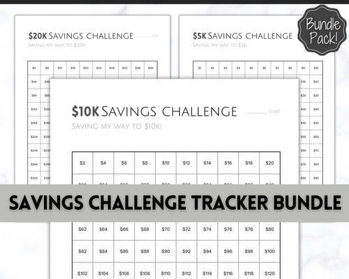 Savings Challenge BUNDLE, 5k, 10k & 20k Saving Tracker Printables, 5000, 10000, 20000, 100 Day, Cash Envelopes, Save Money, Budget, Finance | Monochrome