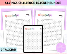 Load image into Gallery viewer, Savings Challenge BUNDLE, 5k, 10k &amp; 20k Saving Tracker Printables, 5000, 10000, 20000, 100 Day, Cash Envelopes, Save Money, Budget, Finance | Pastel Rainbow
