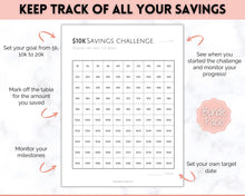 Load image into Gallery viewer, Savings Challenge BUNDLE, 5k, 10k &amp; 20k Saving Tracker Printables, 5000, 10000, 20000, 100 Day, Cash Envelopes, Save Money, Budget, Finance | Pink
