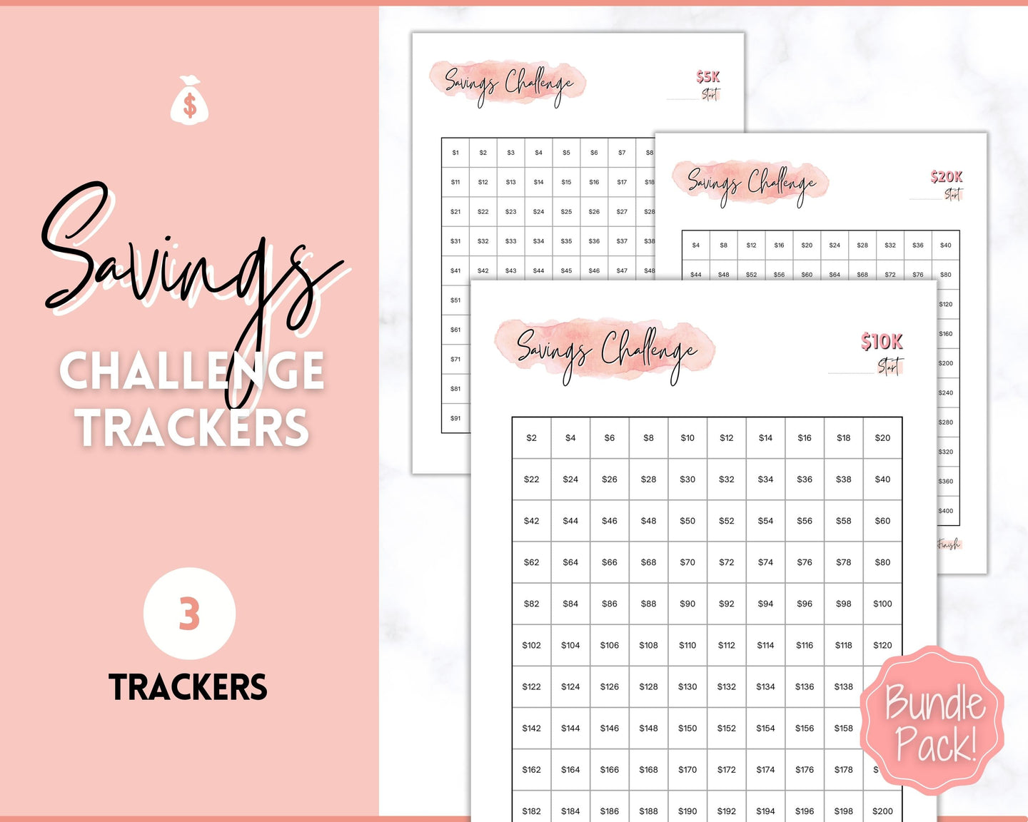 Savings Challenge BUNDLE, 5k, 10k & 20k Saving Tracker Printables, 5000, 10000, 20000, 100 Day, Cash Envelopes, Save Money, Budget, Finance | Pink Scrawl