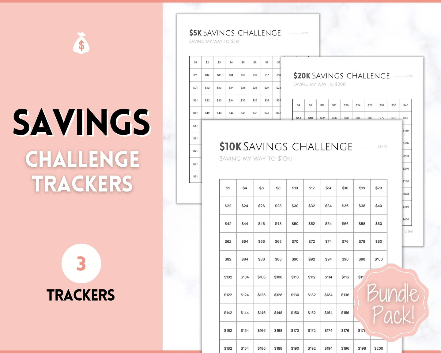 Savings Challenge BUNDLE, 5k, 10k & 20k Saving Tracker Printables, 5000, 10000, 20000, 100 Day, Cash Envelopes, Save Money, Budget, Finance | Pink