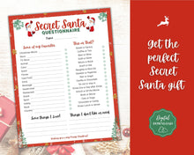 Load image into Gallery viewer, Secret Santa Questionnaire Printable. Holiday Gift Exchange Form, Work or Personal, Christmas Wish List. Kids Adults, Gift List, Xmas Party
