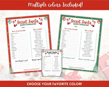 Load image into Gallery viewer, Secret Santa Questionnaire Printable. Holiday Gift Exchange Form, Work or Personal, Christmas Wish List. Kids Adults, Gift List, Xmas Party
