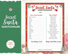 Load image into Gallery viewer, Secret Santa Questionnaire Printable. Holiday Gift Exchange Form, Work or Personal, Christmas Wish List. Kids Adults, Gift List, Xmas Party
