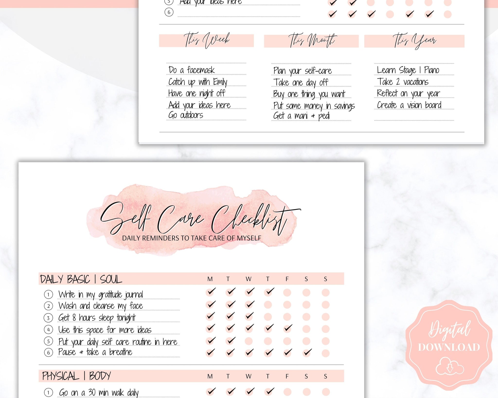 Self Care Checklist, Self-Care Planner, Selfcare Journal Tracker