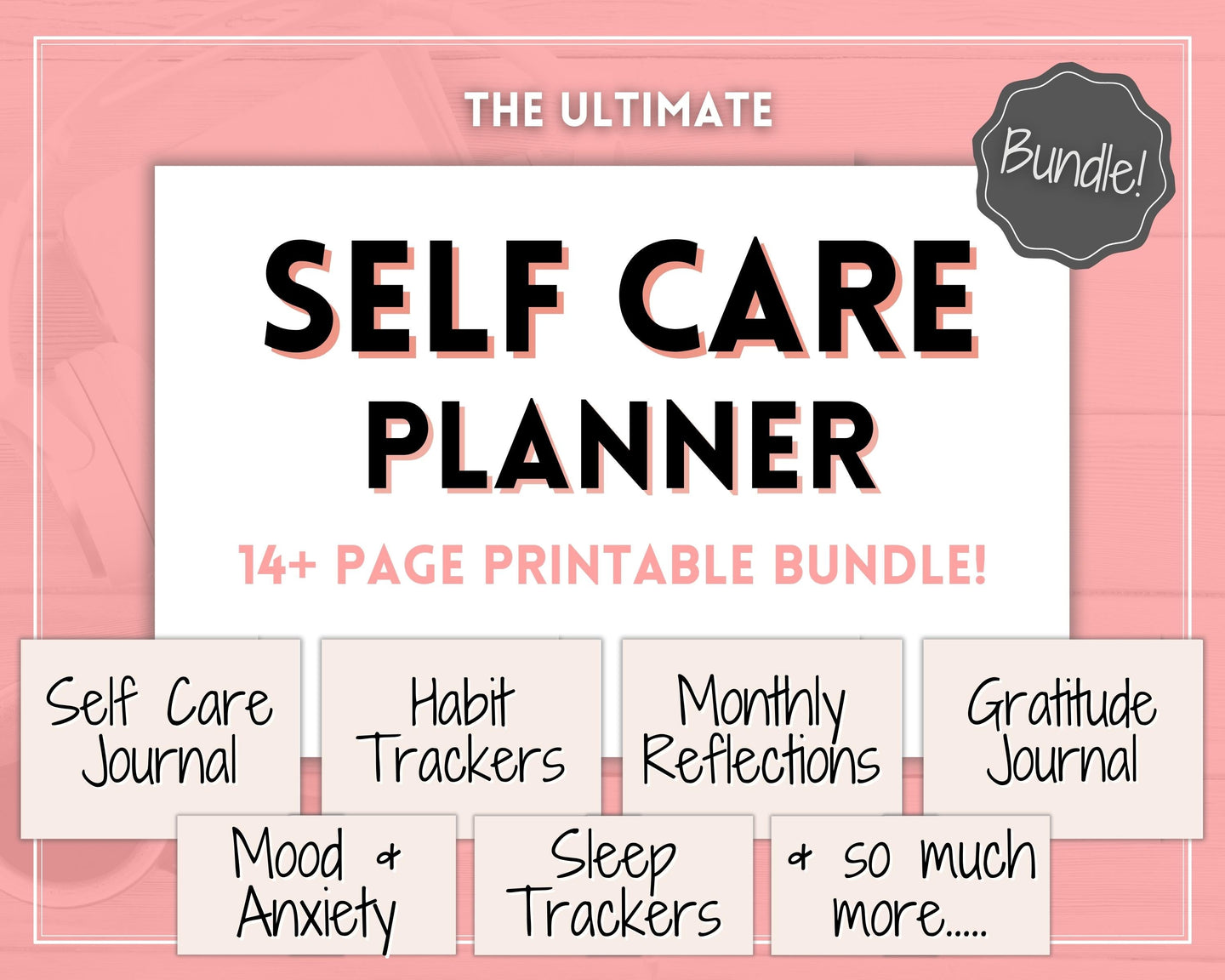 Self Care Journal & Wellness Planner BUNDLE! Printable Selfcare Tracker, Checklist, Health Planner, Wellbeing, Mindfulness, Worksheet Kit | PINK Watercolor