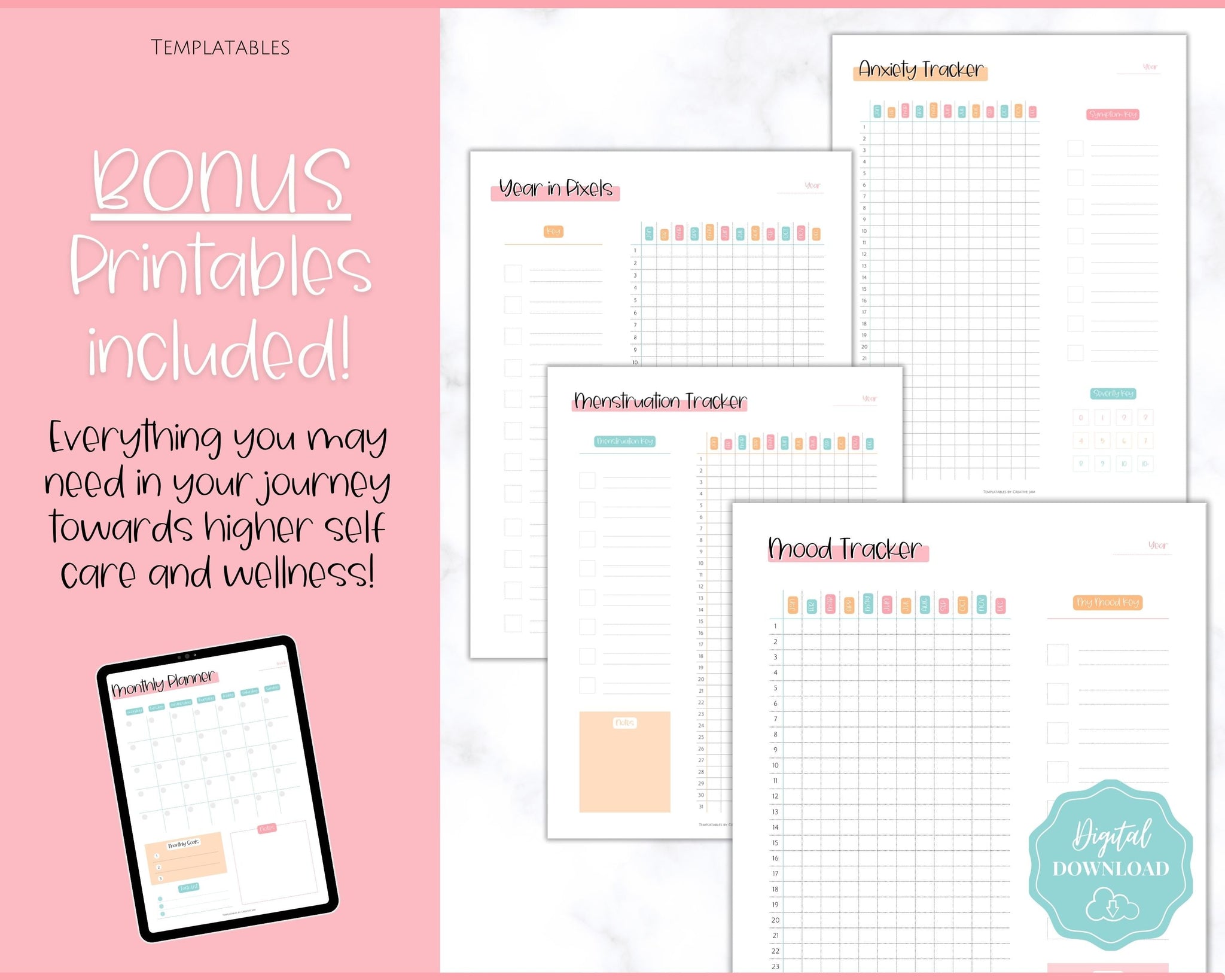 Self Care Planner & Wellness Printable BUNDLE Templates | Sky