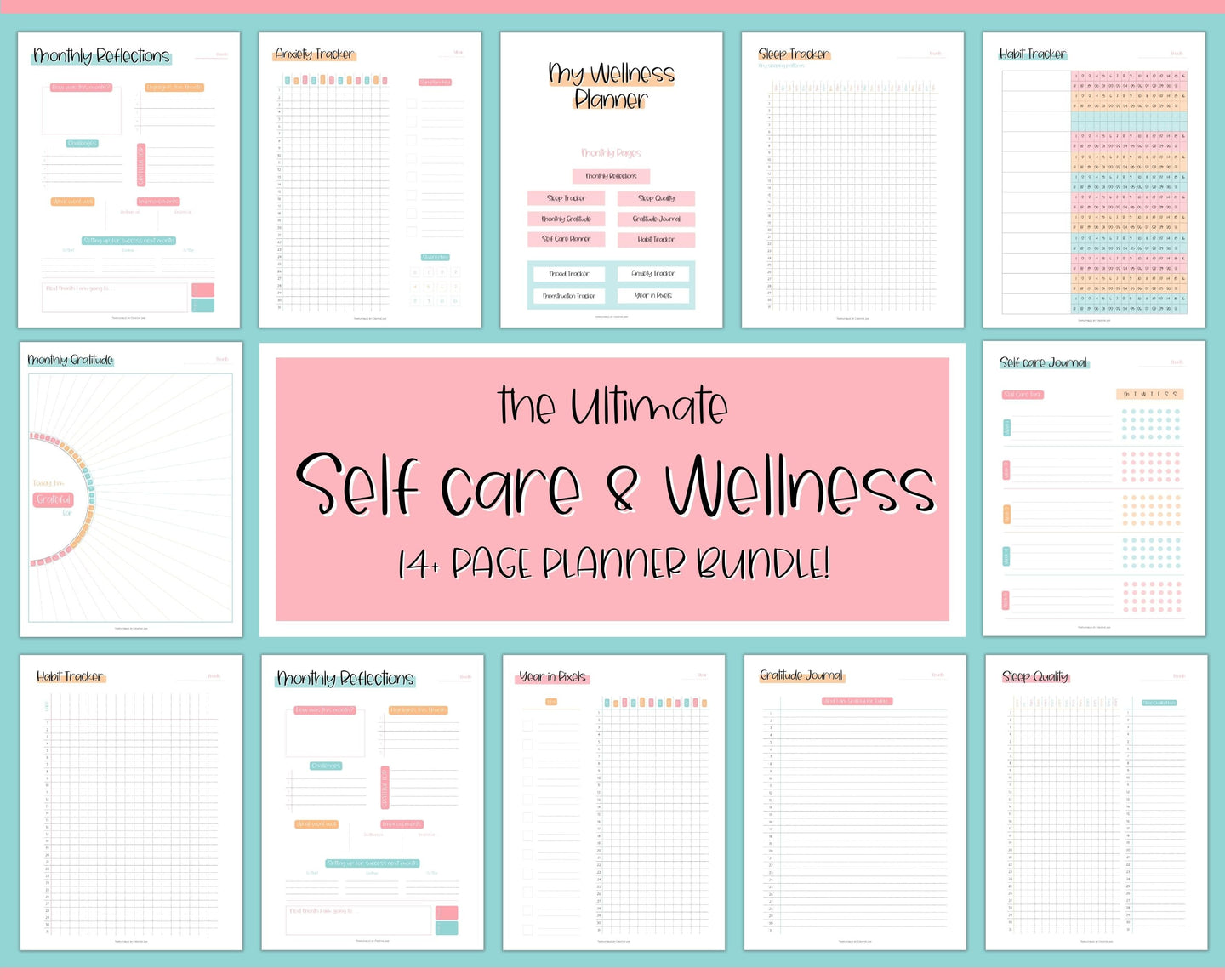 Self Care Planner & Wellness Journal BUNDLE! Printable Selfcare Tracker, Checklist, Health Planner, Wellbeing, Mindfulness, Worksheet Kit | Colorful Sky