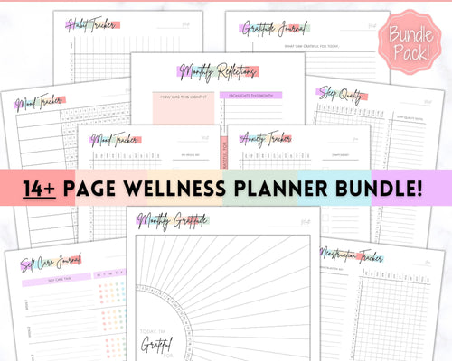Self Care Planner & Wellness Journal BUNDLE! Printable Selfcare Tracker, Checklist, Health Planner, Wellbeing, Mindfulness, Worksheet Kit | Pastel Rainbow