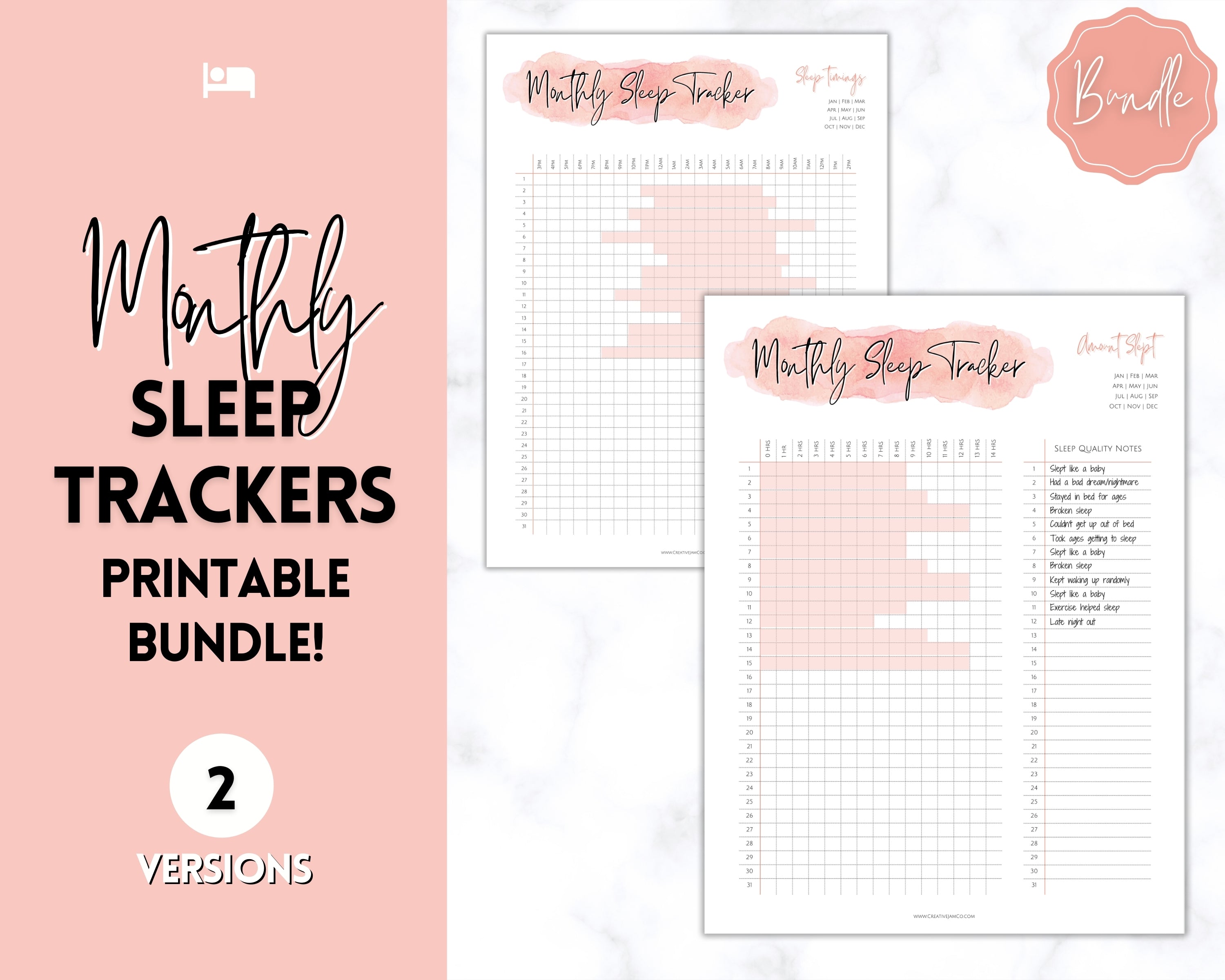 Sleep Tracker Printable BUNDLE Monthly Sleep Journal Pink